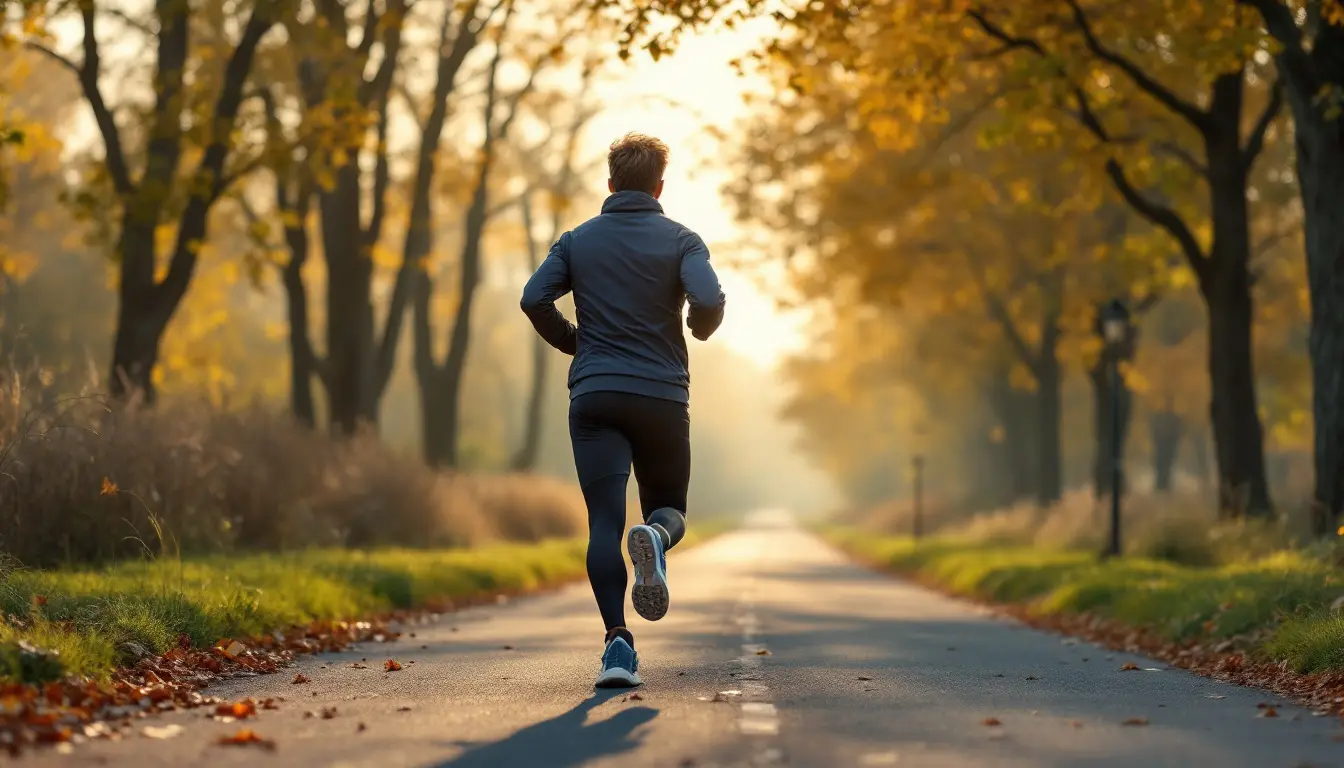 Coureur en footing léger sur une allée arborée un matin d'automne, vu de dos