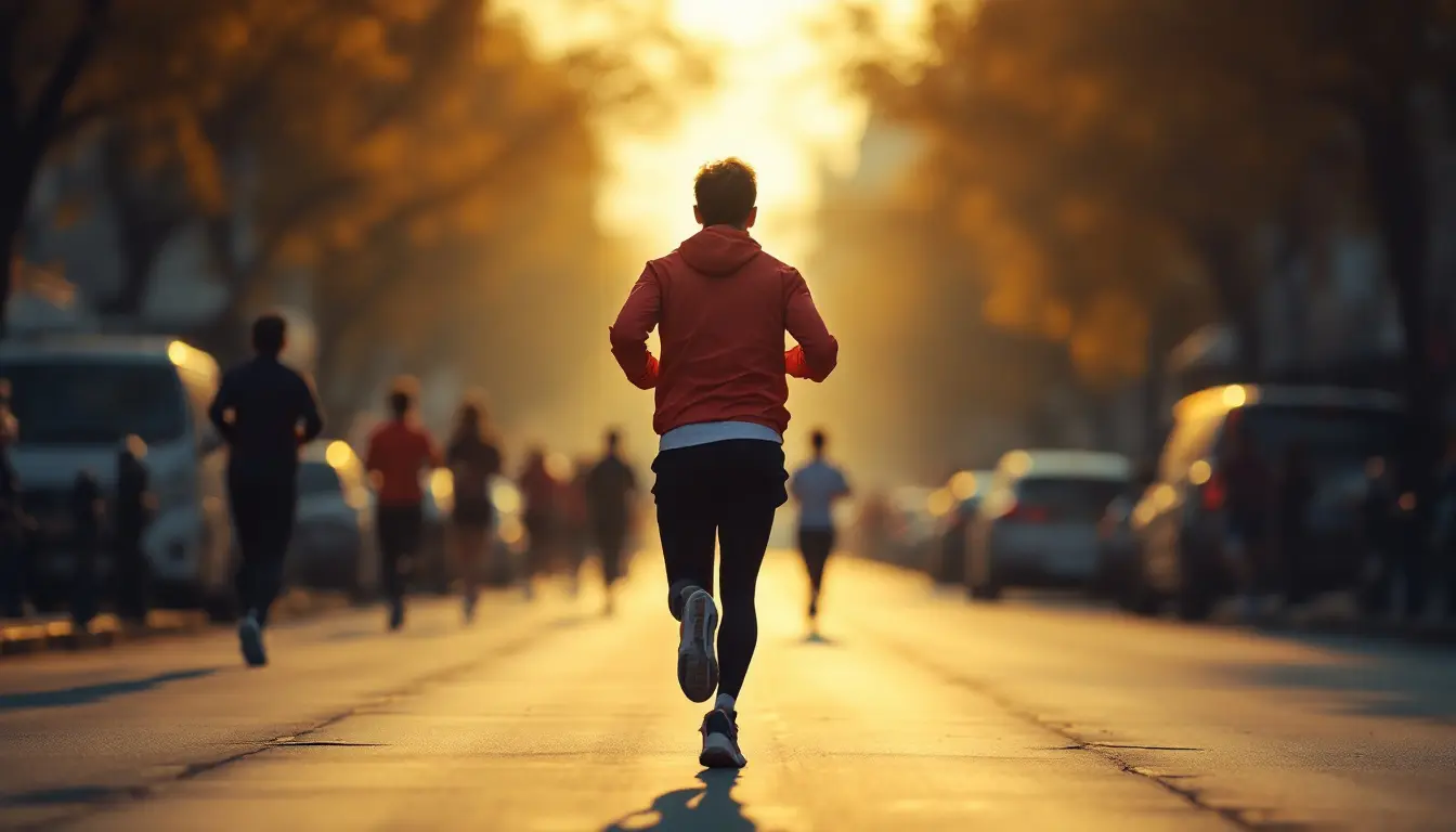 Coureur vu de dos qui s'échauffe au petit trot dans une rue à l'aube, avant le départ d'un marathon