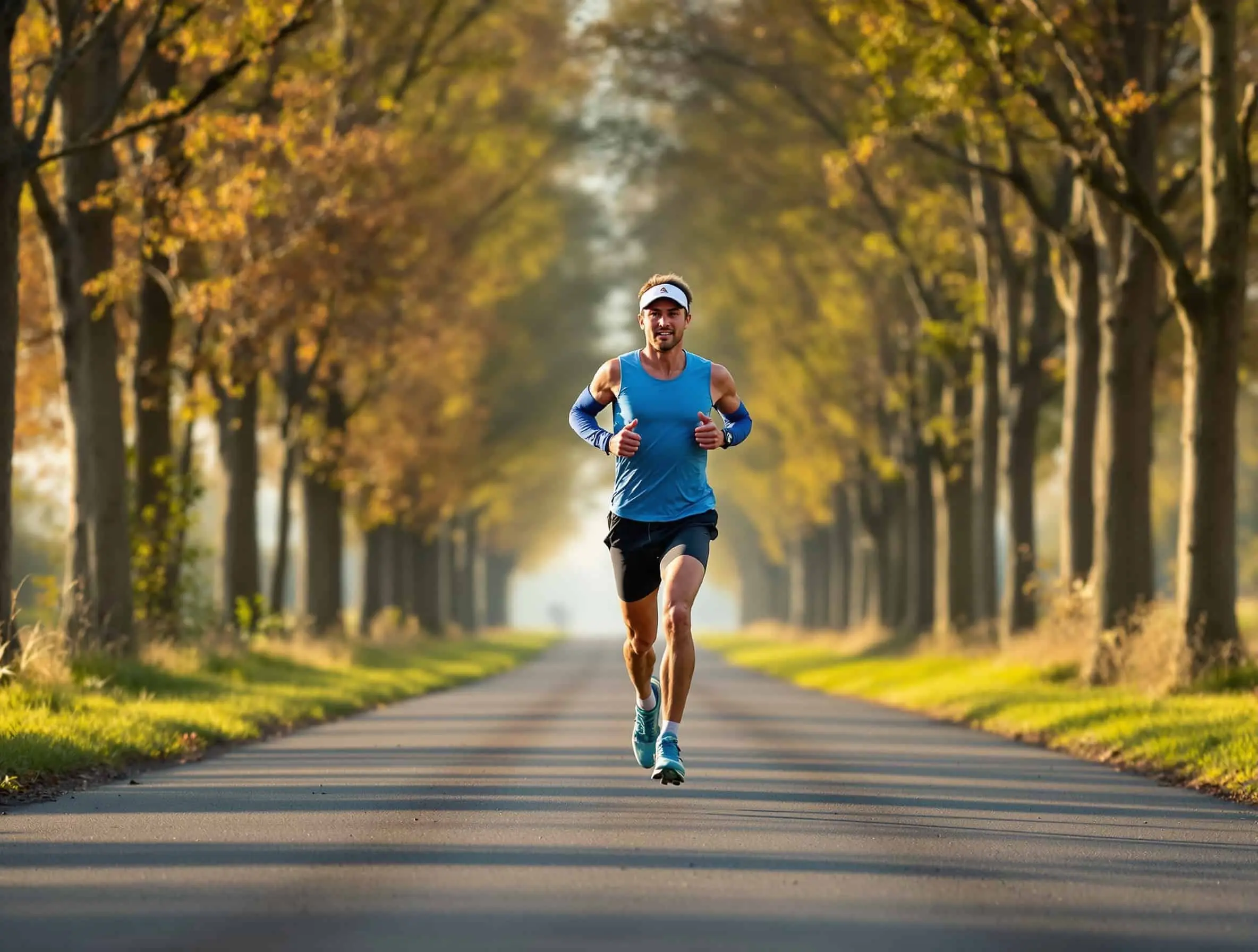 Coureur sur une allée bordée d'arbres, posture de course relâchée