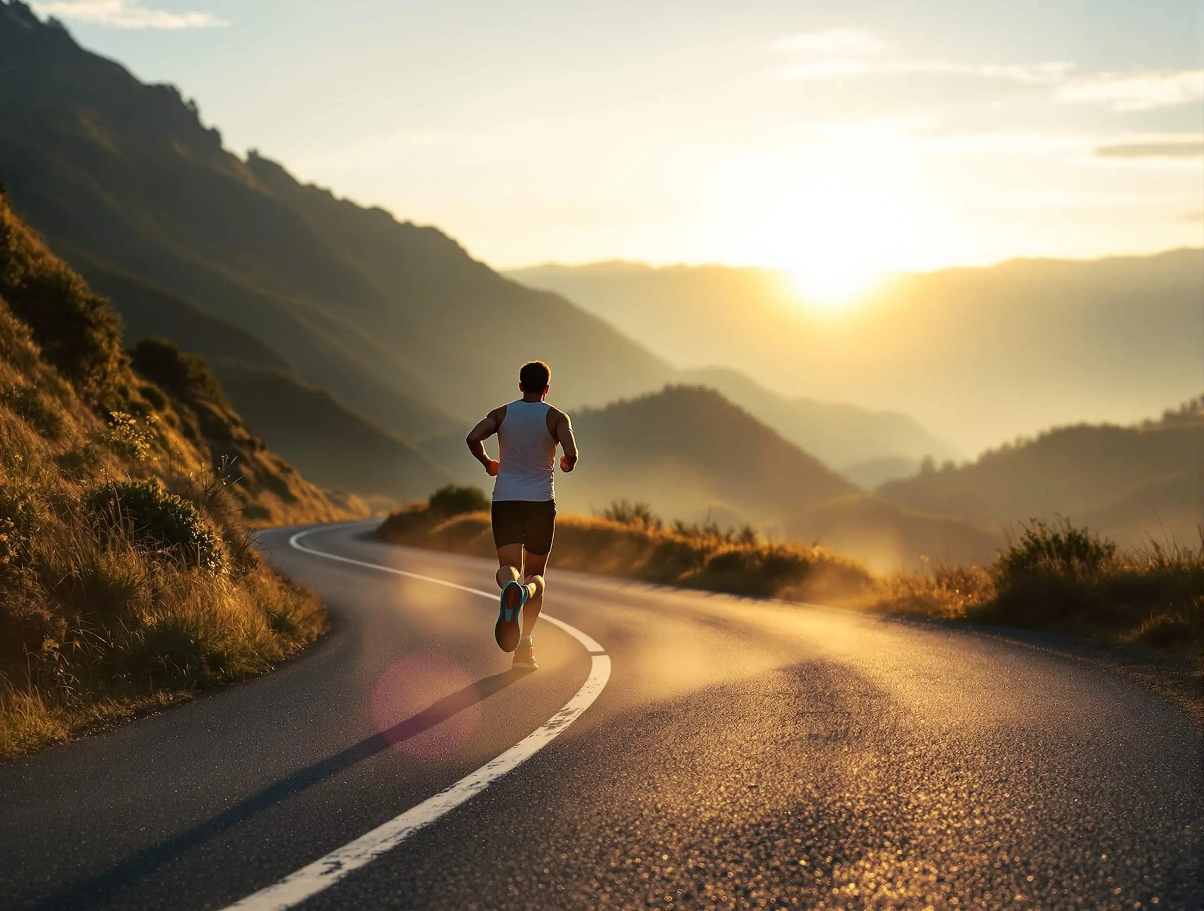 Coureur sur une route de montagne au soleil levant, sortie longue